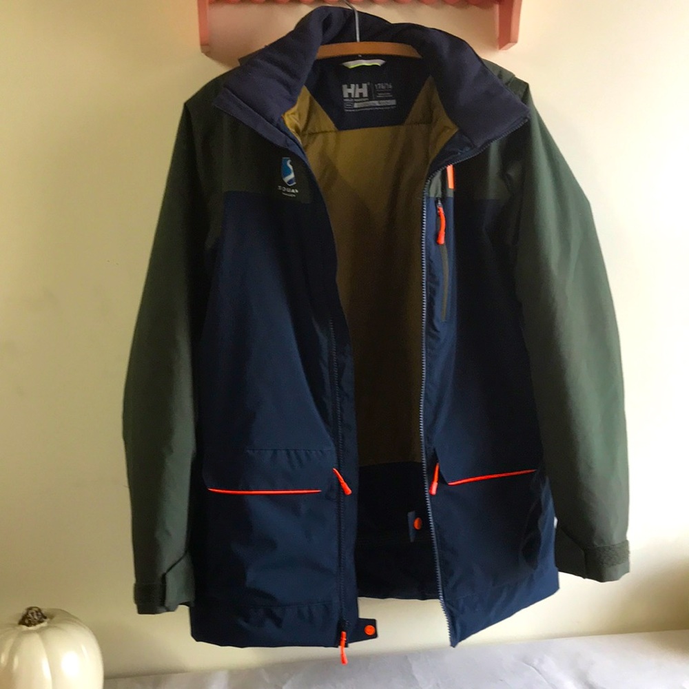 Helly Hansen Boys Navy Blue and Olive Green Puffer Jacket with Orange Accents